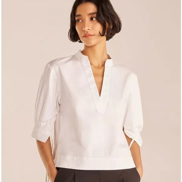 Rebecca Taylor White Short Sleeve V-Neck Twill Blouse - Picture 1 of 12